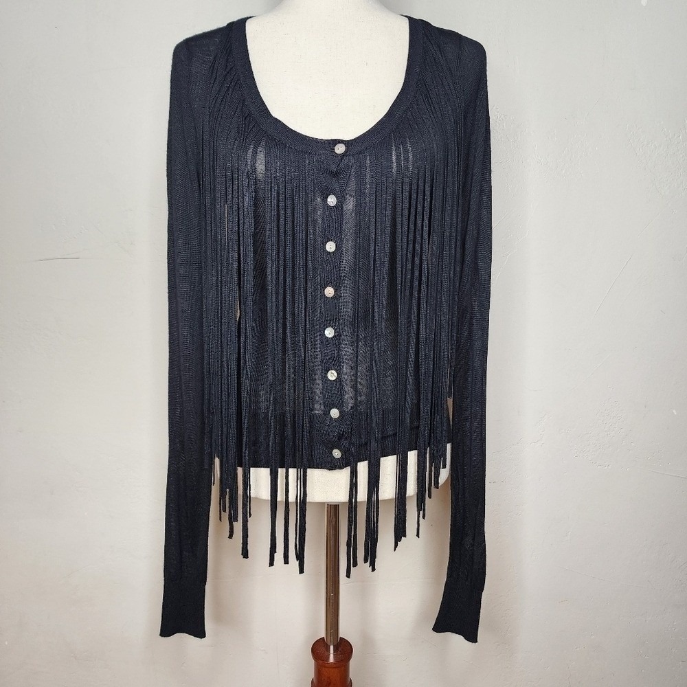 NWT Charlotte Tarantola Black‎ Fringe Front Cardigan Size Medium